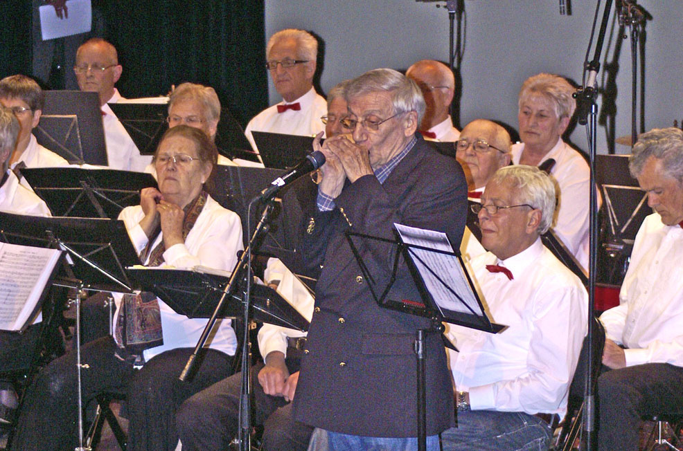 Dutch harmonica orchestra in concert, with a soloist standing at the microphone