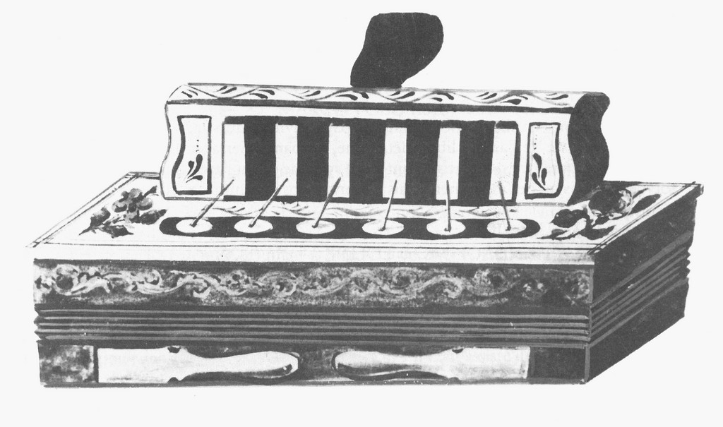 Engraving of an early free-reed instrument with bellows and six keys