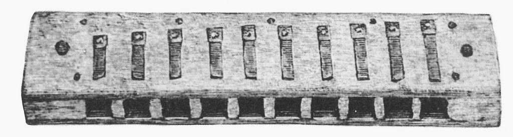 Engraving of a 19th-century metal mouth harmonica
