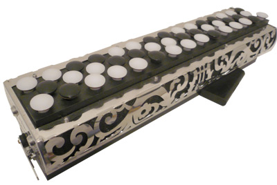 Button accordina with an openwork metal casing