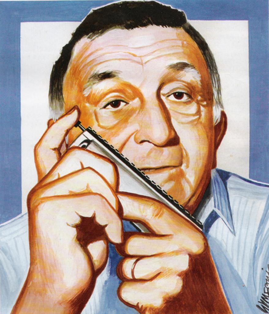 Painted portrait of Franco De Gemini playing the harmonica