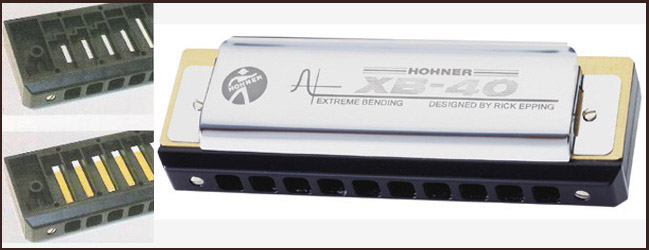 Hohner XB-40 diatonic harmonica and close-ups of its reeds